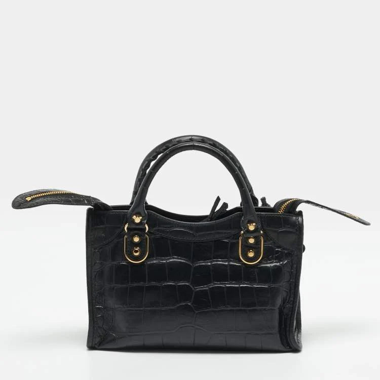 Balenciaga Metallic Edge City Mini Black Croc Embossed Leather Tote