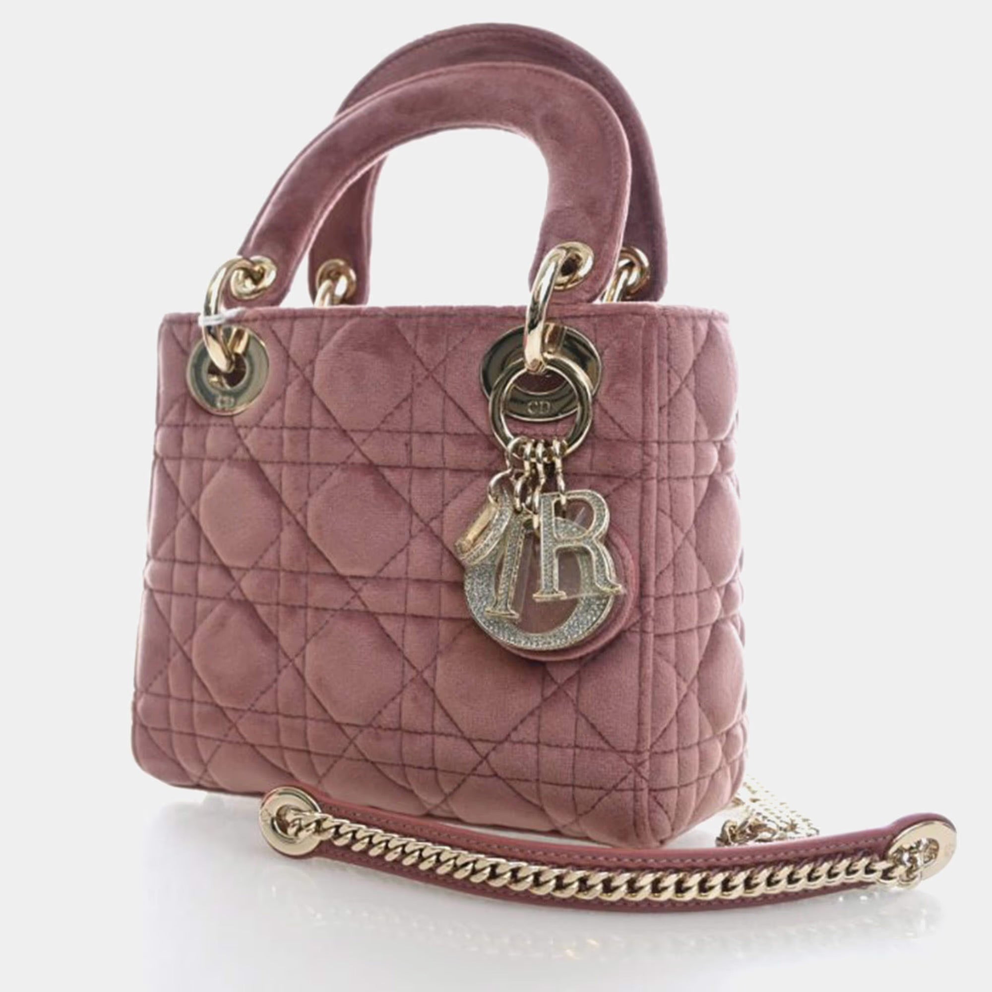 Christian Dior Lady Dior Mini Pink Velvet Top Handle Bag
