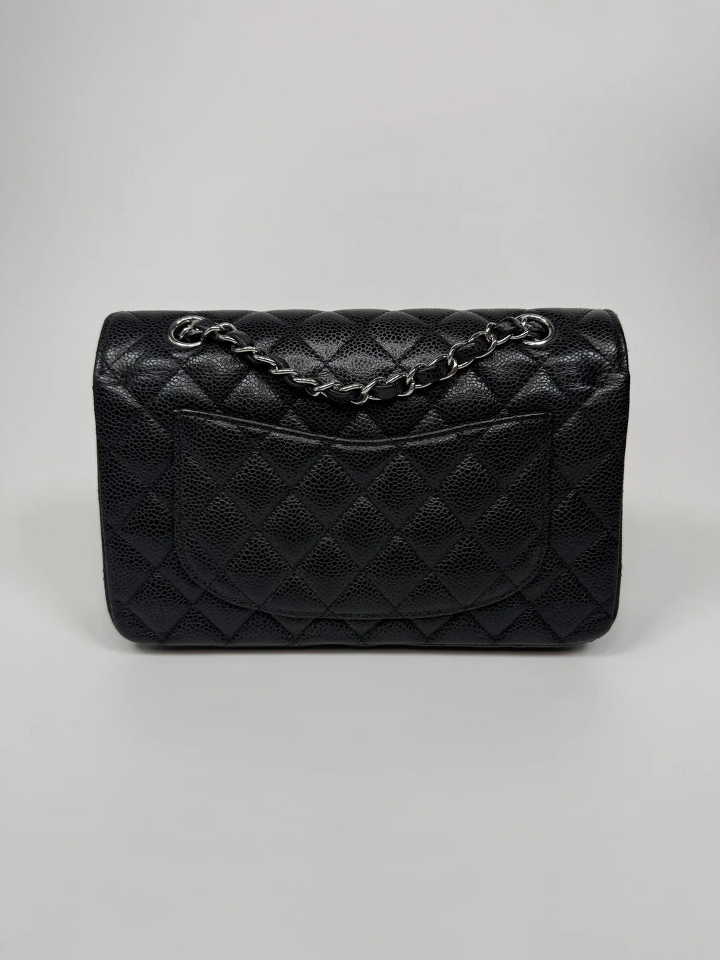 CHANEL SMALL CLASSIC DOUBLE FLAP IN BLACK CAVIAR LEATHER WITH SILVER HARDWARE