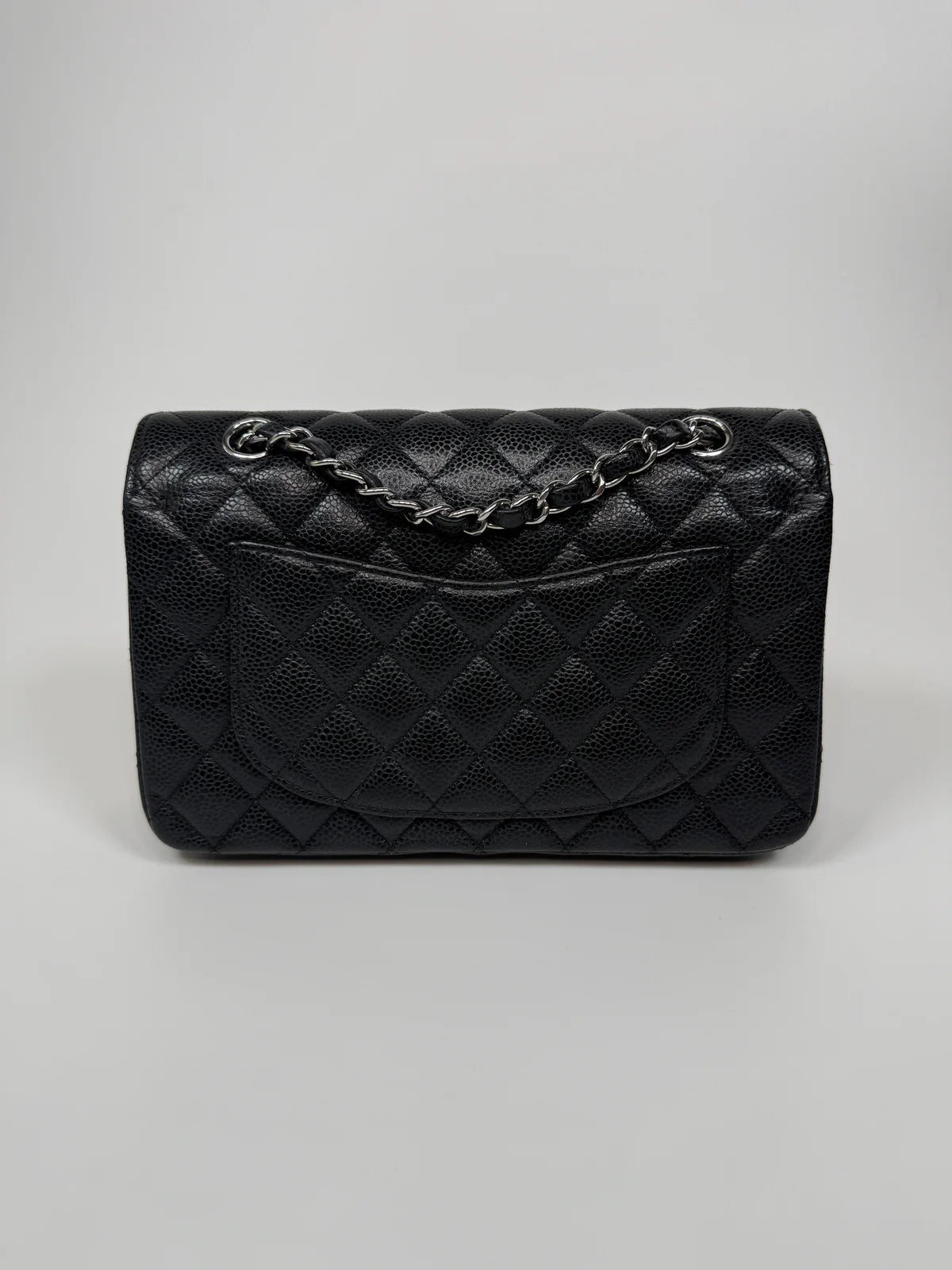 CHANEL SMALL CLASSIC DOUBLE FLAP IN BLACK CAVIAR LEATHER WITH SILVER HARDWARE