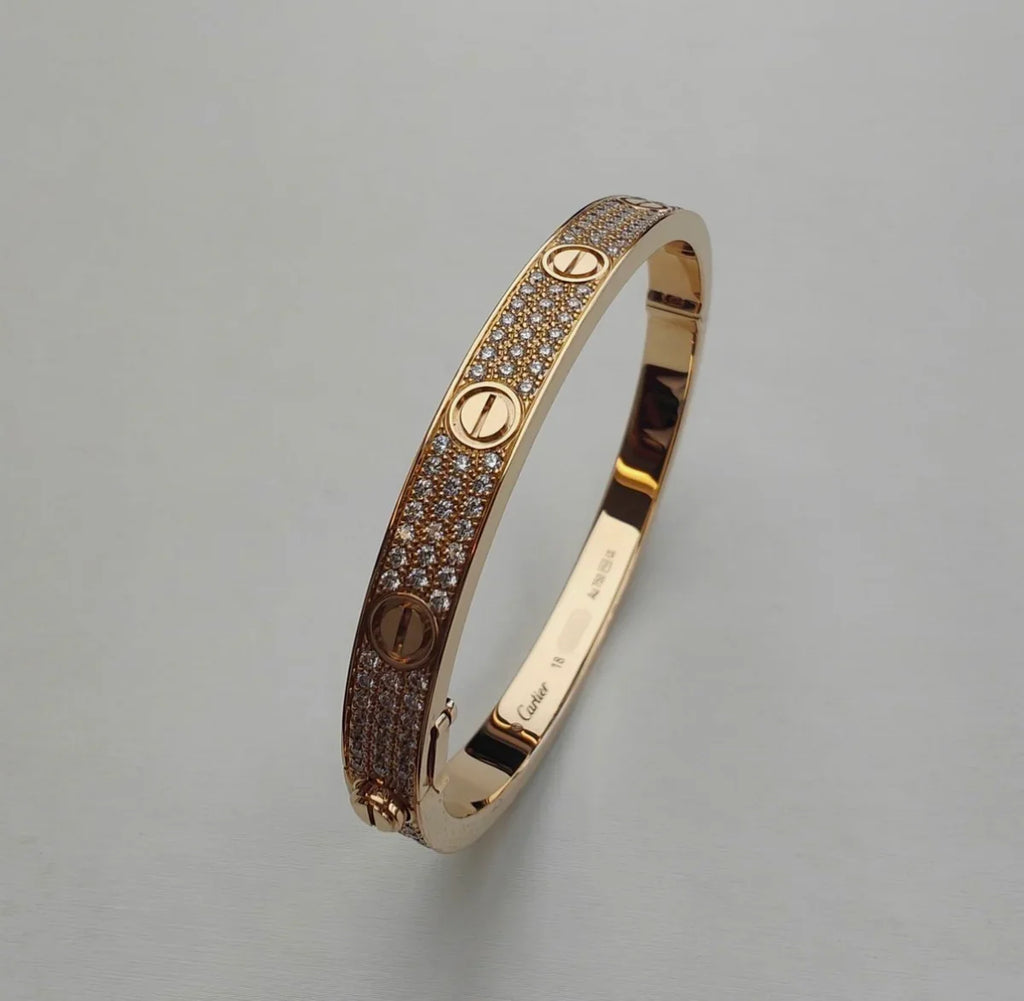 Cartier Love Paved Diamond 18K Rose Gold Cuff Bracelet Size 18