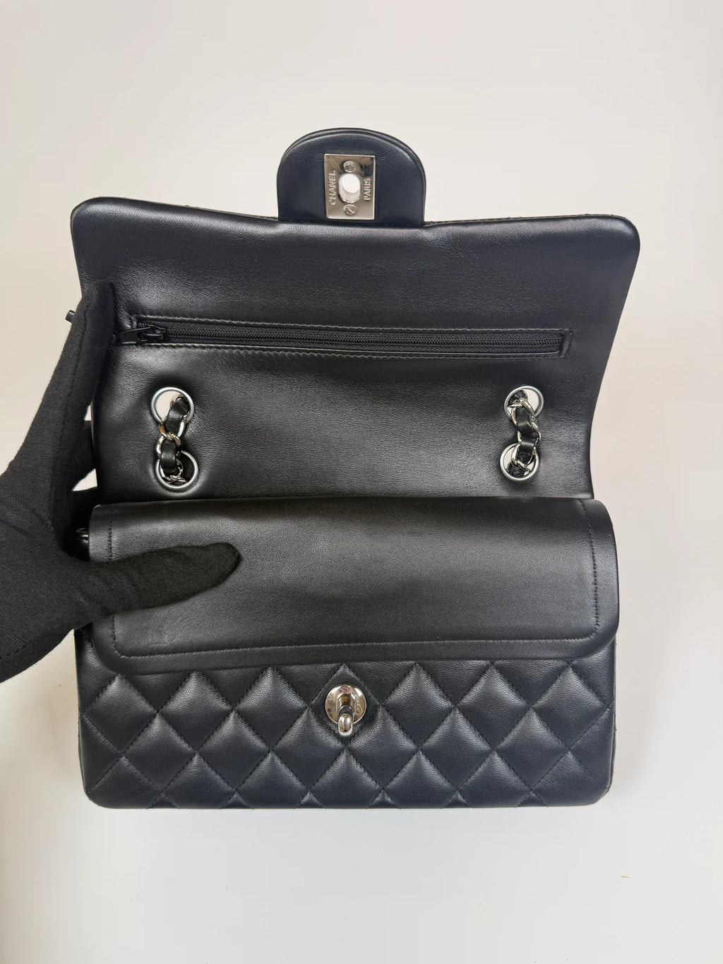 CHANEL SMALL CLASSIC DOUBLE FLAP IN BLACK LAMBSKIN LEATHER WITH SILVER HARDWARE