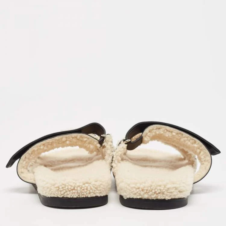 Hermes Black Leather and Shearling Fur Lined Chypre Sandals Size 45.5