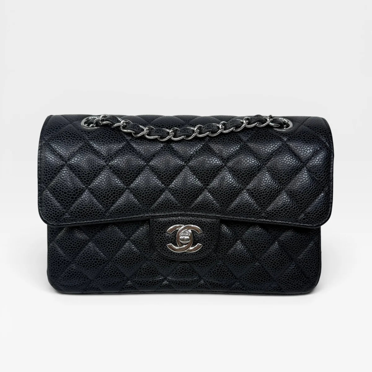 CHANEL SMALL CLASSIC DOUBLE FLAP IN BLACK CAVIAR LEATHER WITH SILVER HARDWARE