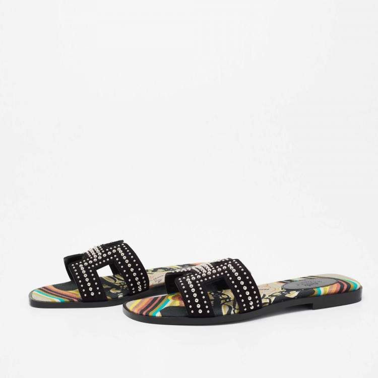 Hermes Black Suede Studded Oran Sandals Size 37.5