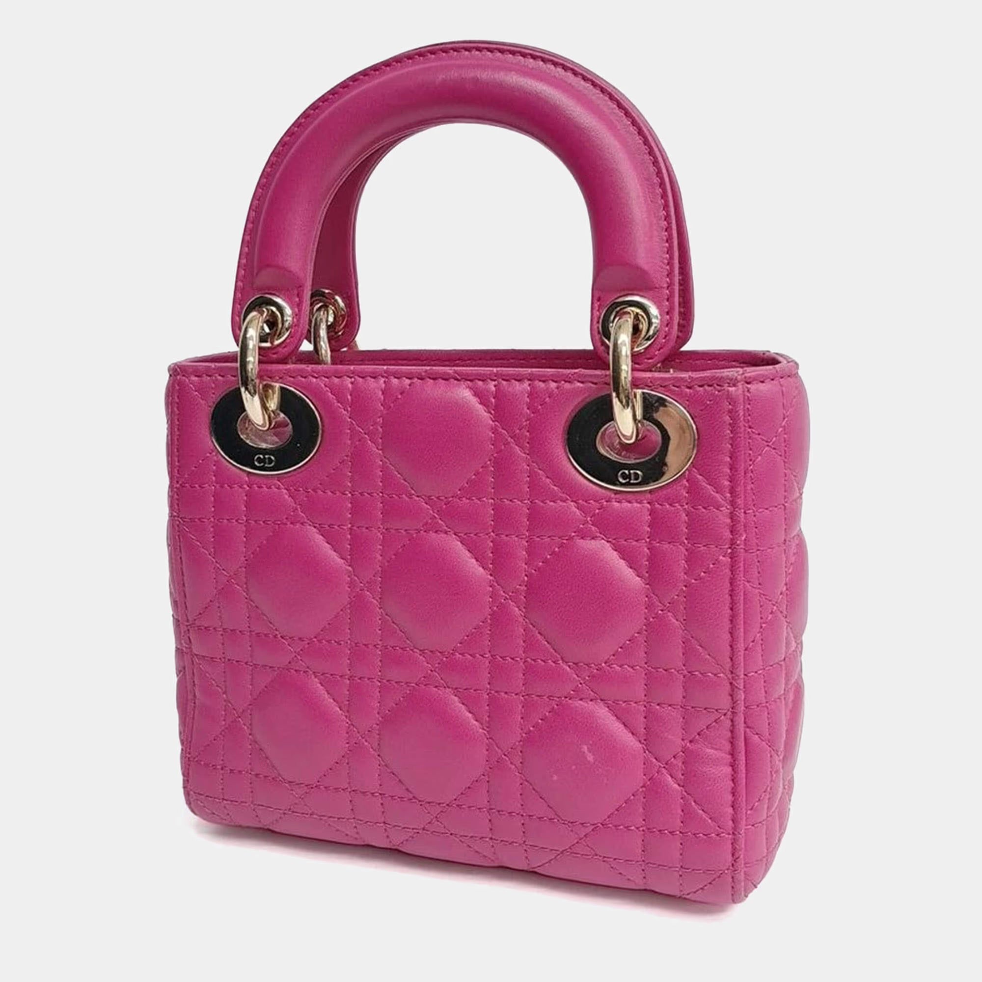 Christian Dior Lady Dior Mini Pink Cannage Lambskin Leather Top Handle Bag