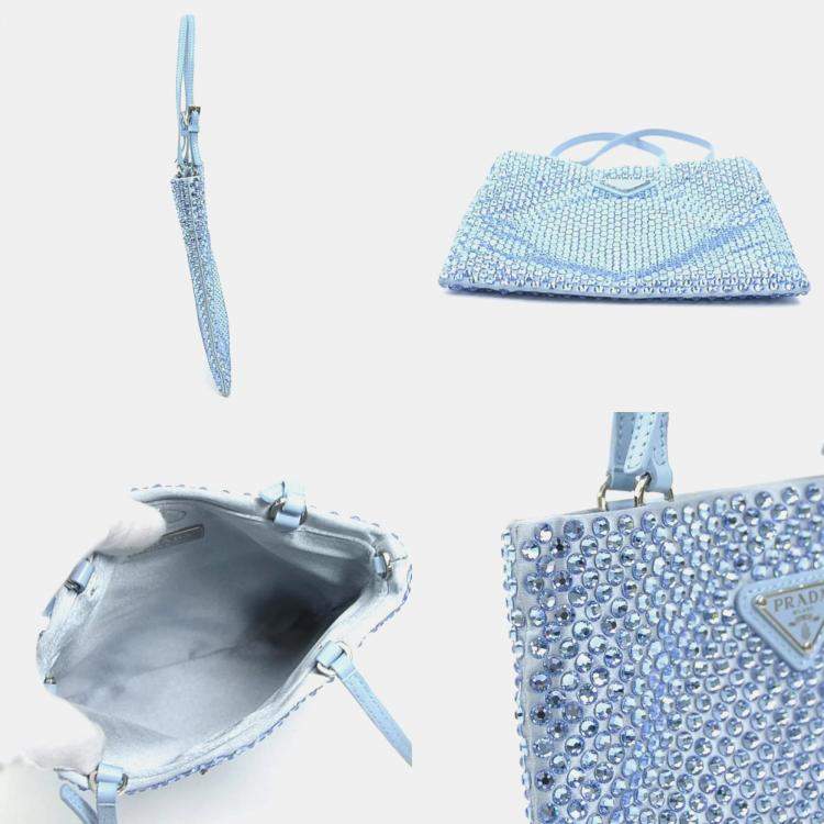 Prada Chain Flat Mini Celeste Blue Satin Crystal Tote Bag