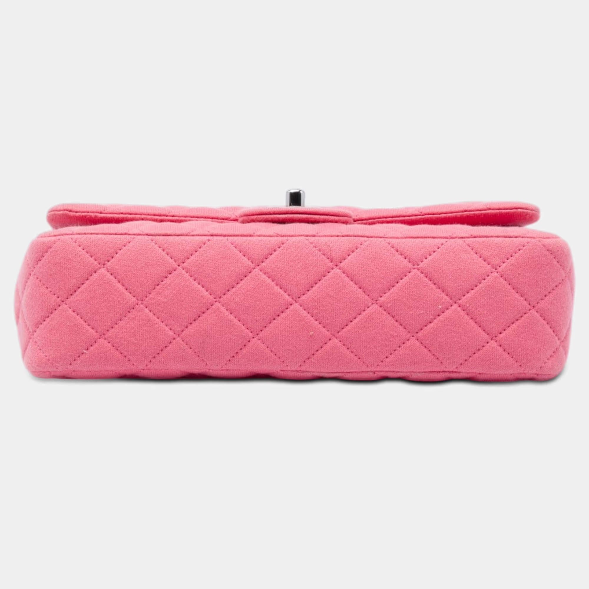 Chanel Medium Classic Jersey Double Flap Pink Jersey Shoulder Bag