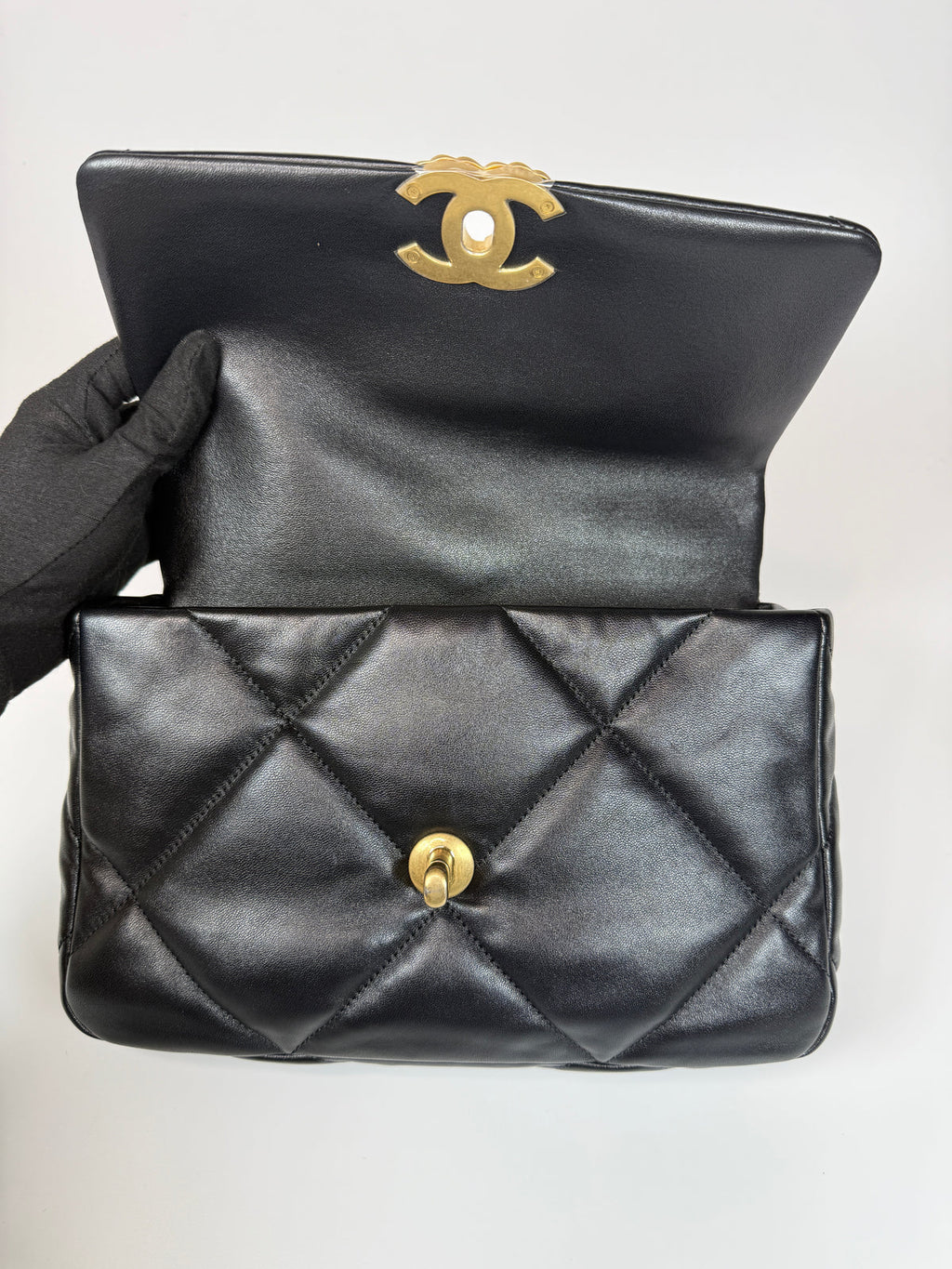 CHANEL 19 SMALL IN BLACK LAMBSKIN LEATHER WITH GOLD AND SILVER HARDWARE