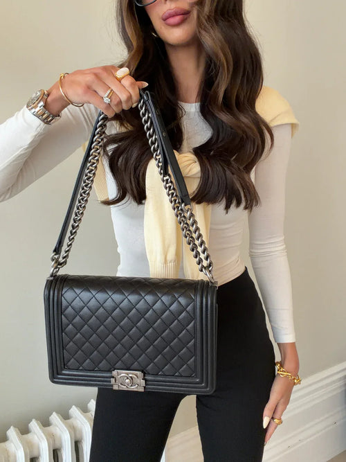 CHANEL BLACK LAMBSKIN LEATHER LARGE BOY BAG WITH RHW