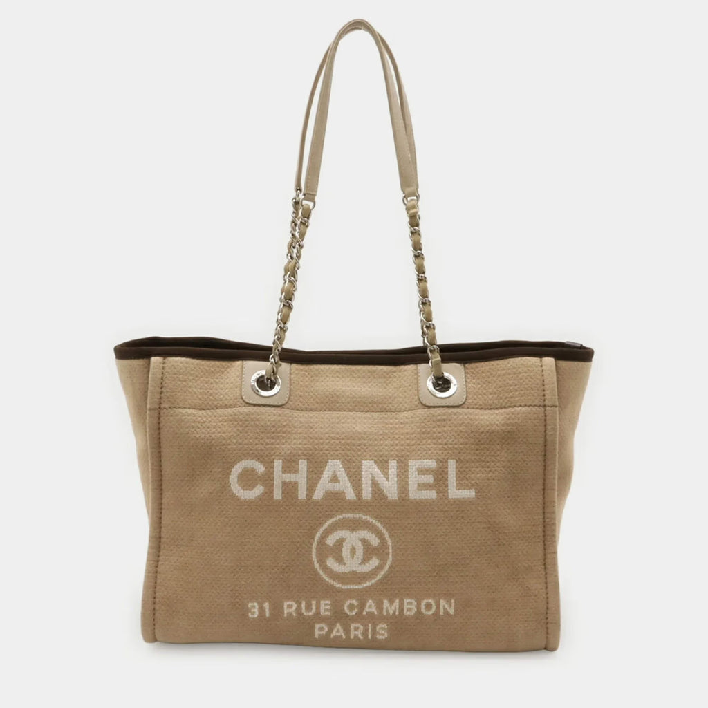 Chanel Deauville MM Beige Canvas Brown Leather Shoulder Tote Bag