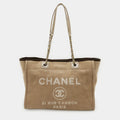 Chanel Deauville MM Beige Canvas Brown Leather Shoulder Tote Bag