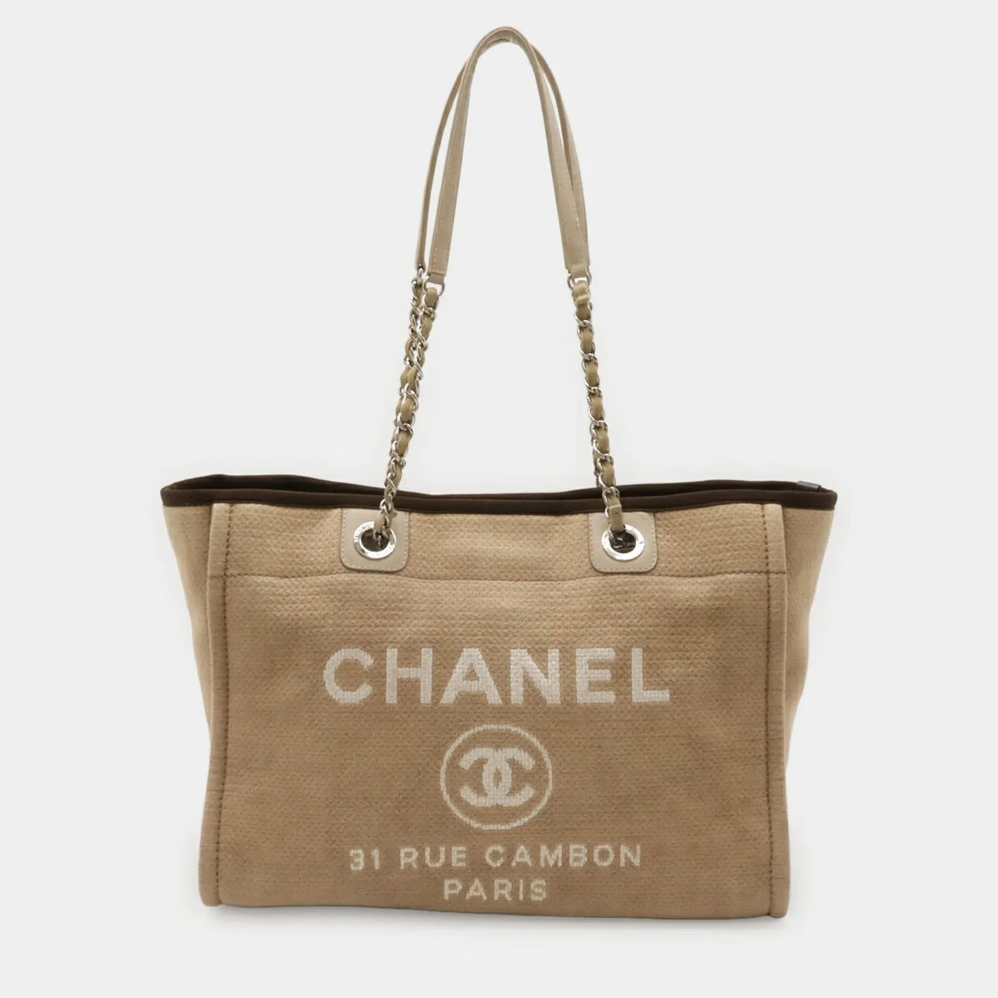 Chanel Deauville MM Beige Canvas Brown Leather Shoulder Tote Bag