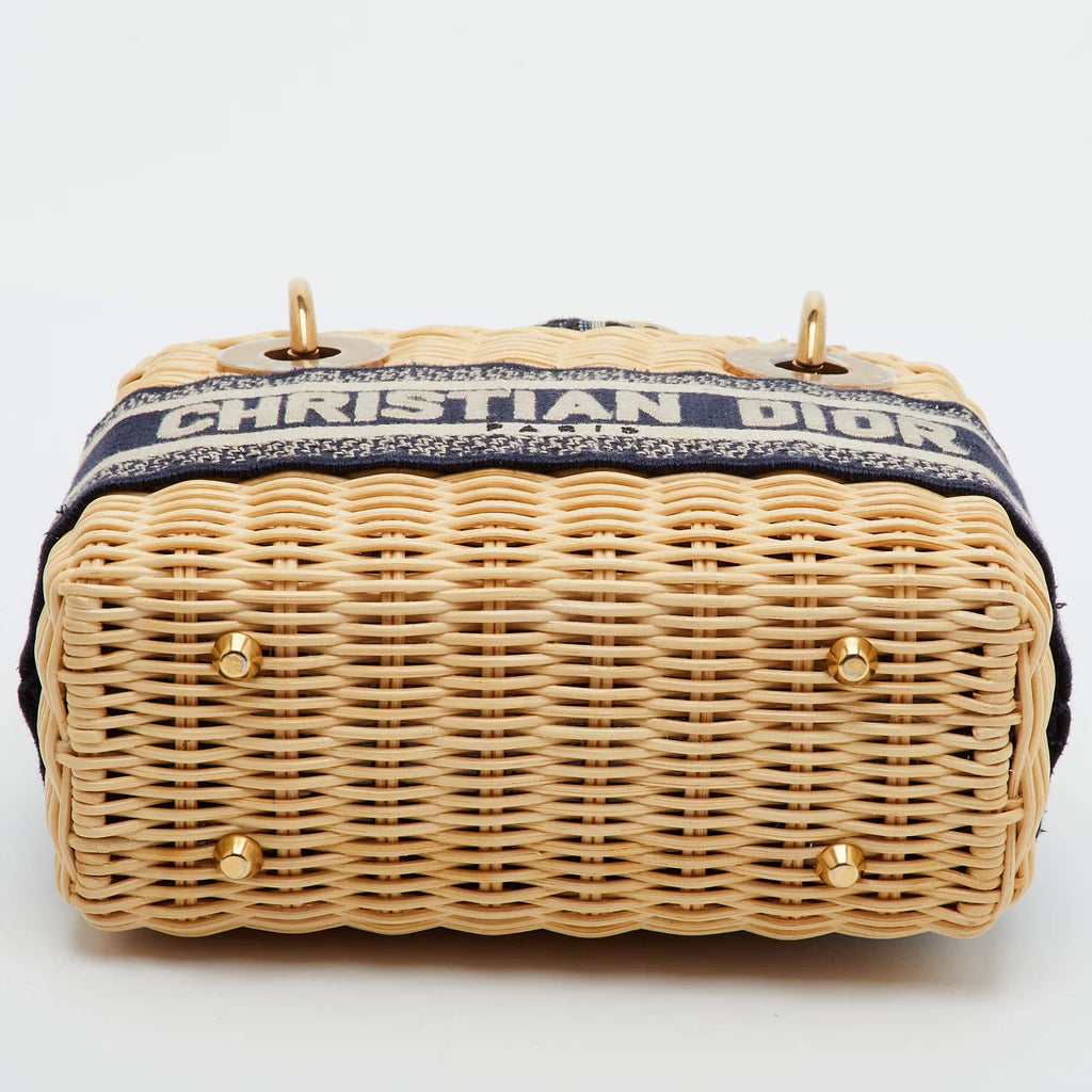 Dior Lady Dior Mini Beige/Navy Blue Wicker and Oblique Canvas Tote