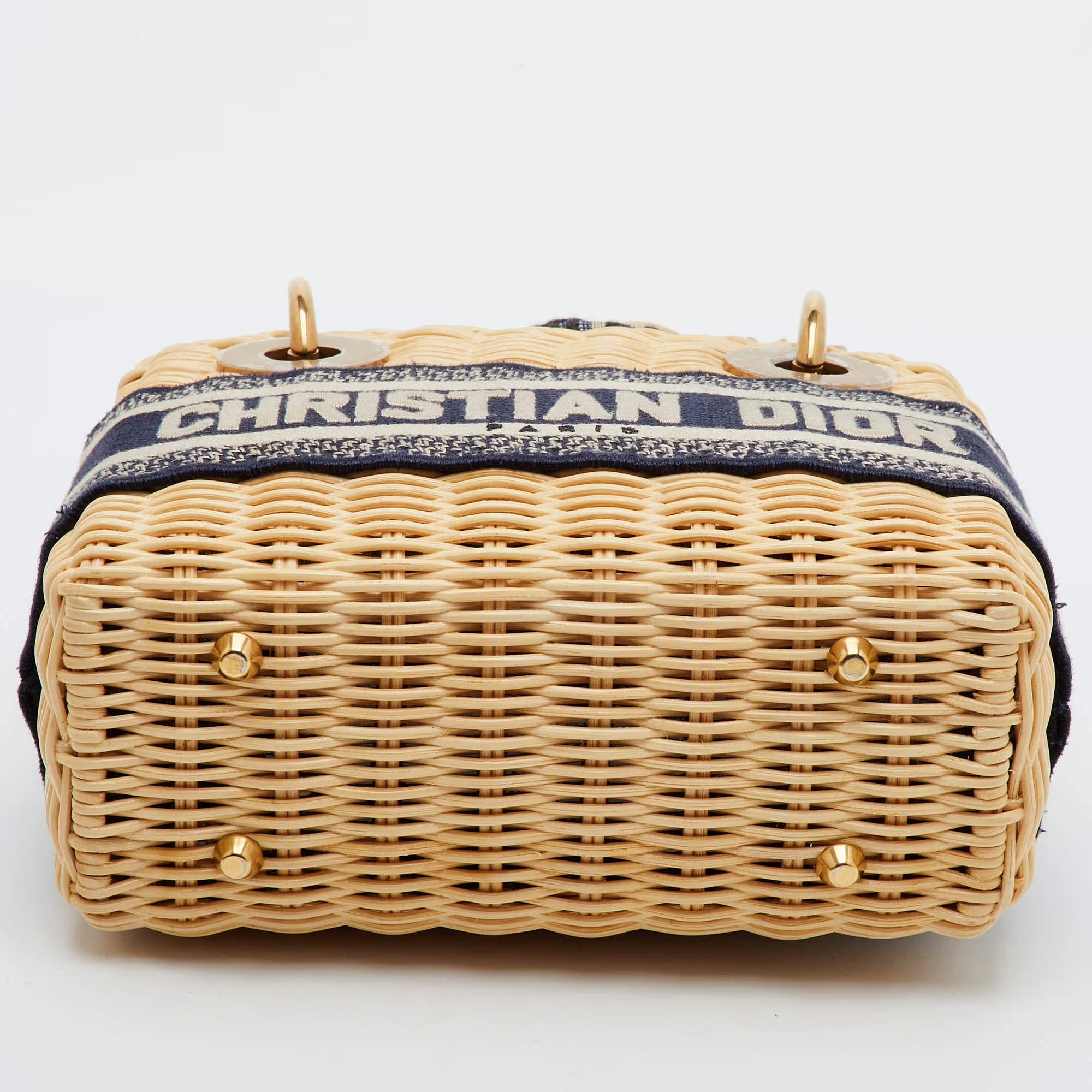 Dior Lady Dior Mini Beige/Navy Blue Wicker and Oblique Canvas Tote