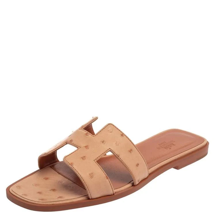 Hermes Pink Ostrich Leather Oran Sandals Size 39