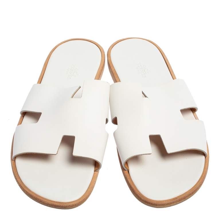 Hermes White Leather Izmir Flat Slides Size 40