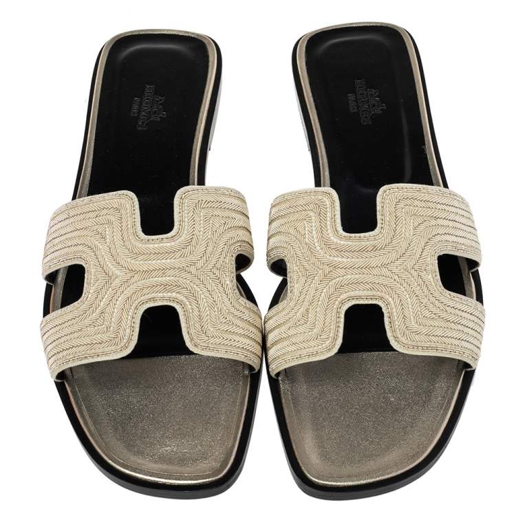 Hermes Gold Suede Embellished Oran Sandals Size 40.5