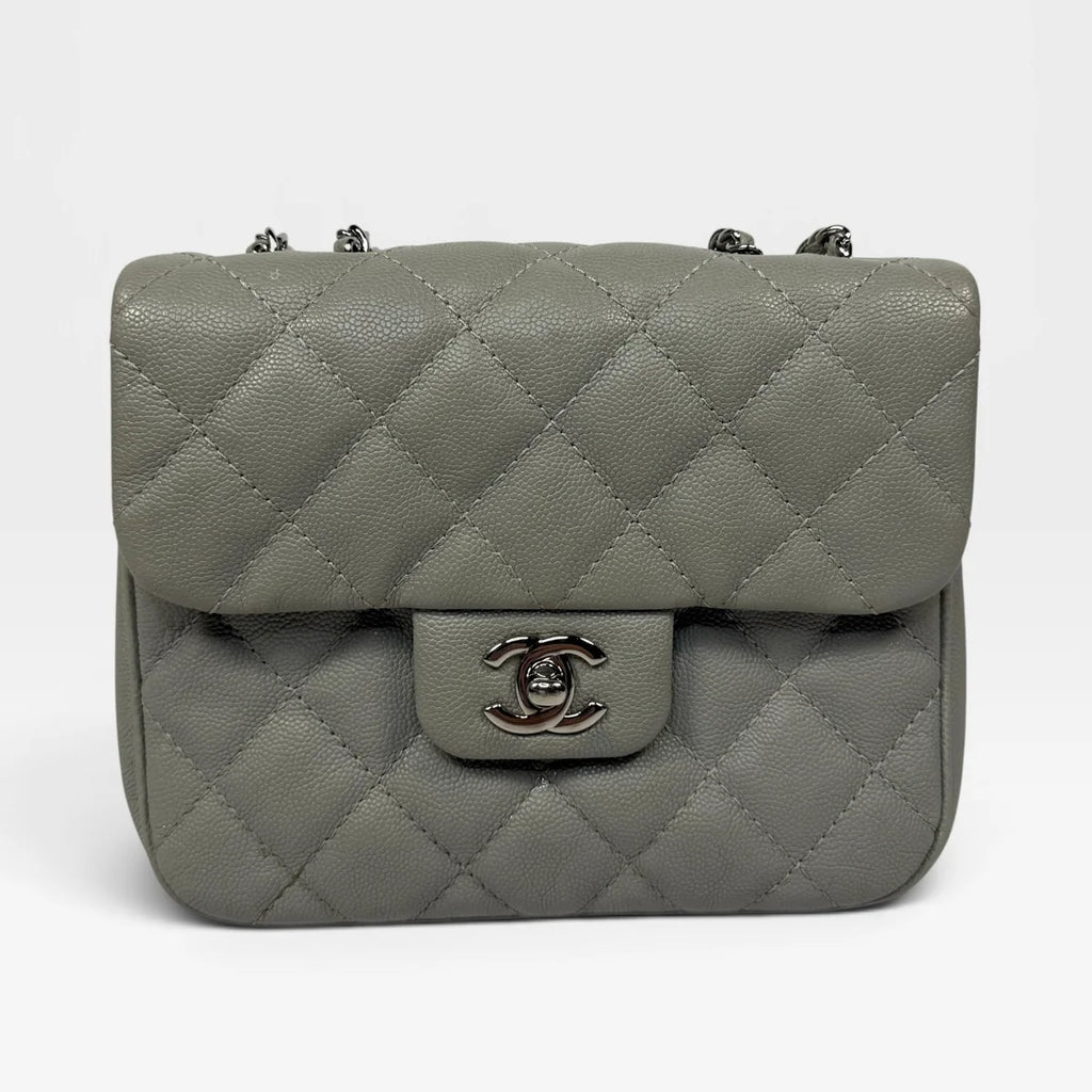 CHANEL MINI FLAP BAG IN GLACIER GREY CAVIAR LEATHER WITH SILVER HARDWARE