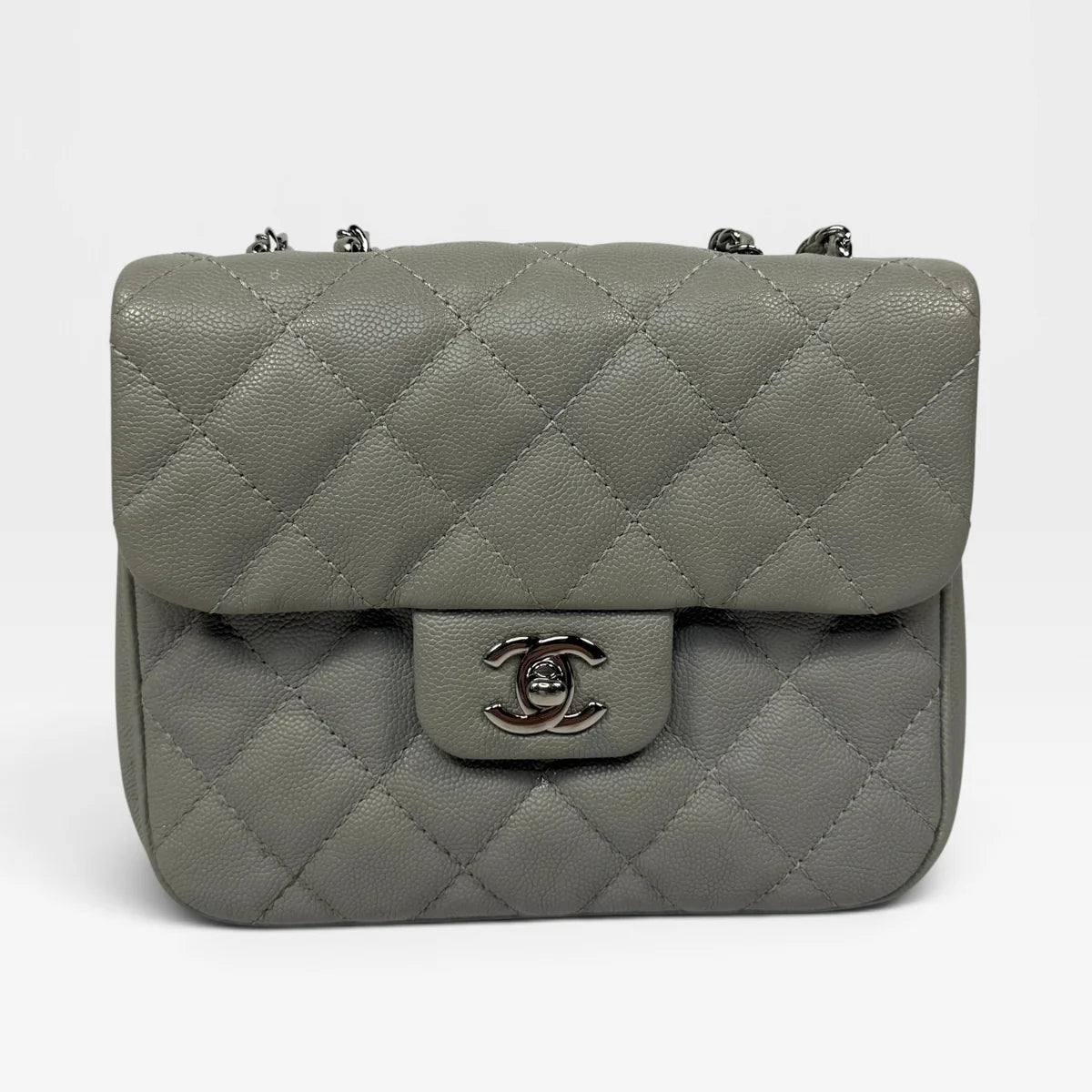 CHANEL MINI FLAP BAG IN GLACIER GREY CAVIAR LEATHER WITH SILVER HARDWARE