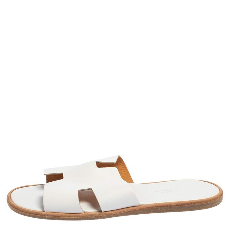 Hermes White Leather Izmir Flat Slides Size 40