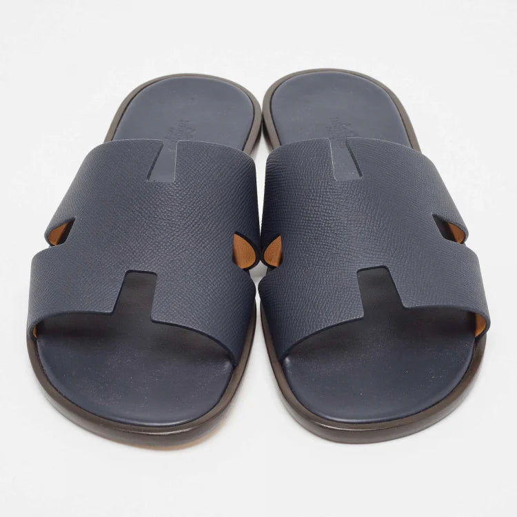 Hermès Navy Blue Leather Izmir Flat Slides Size 45