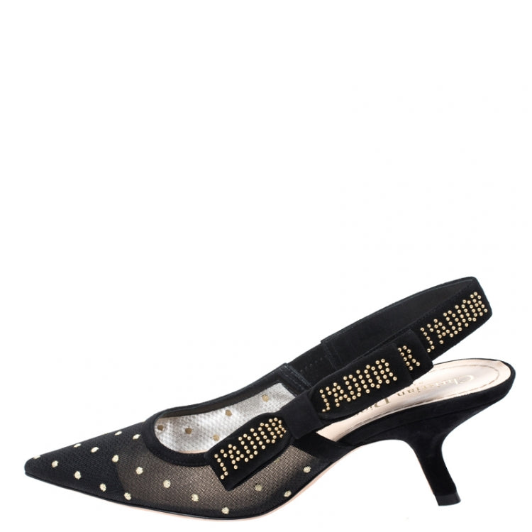 Dior Black Plumetis Mesh J'adior Studded Suede Pointed Toe Slingback Sandals Size 37.5