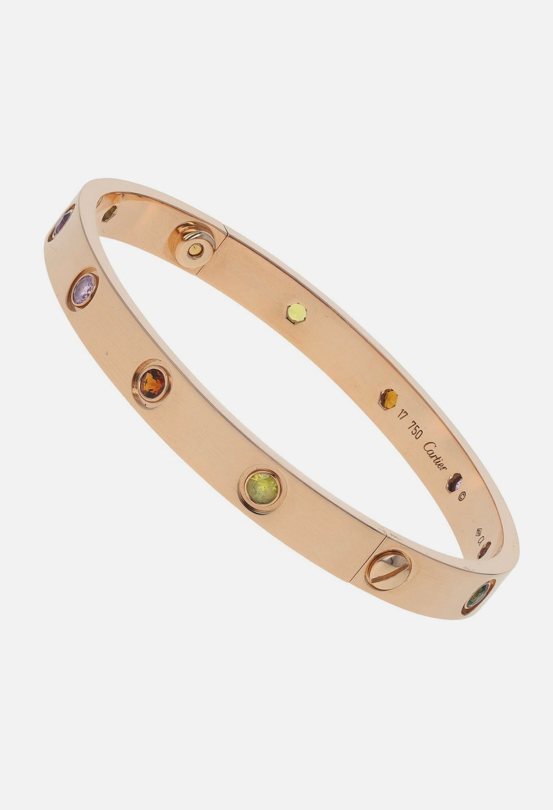 Cartier Love 18k Rose Gold Multi Gemstone Bangle Bracelet Size 17