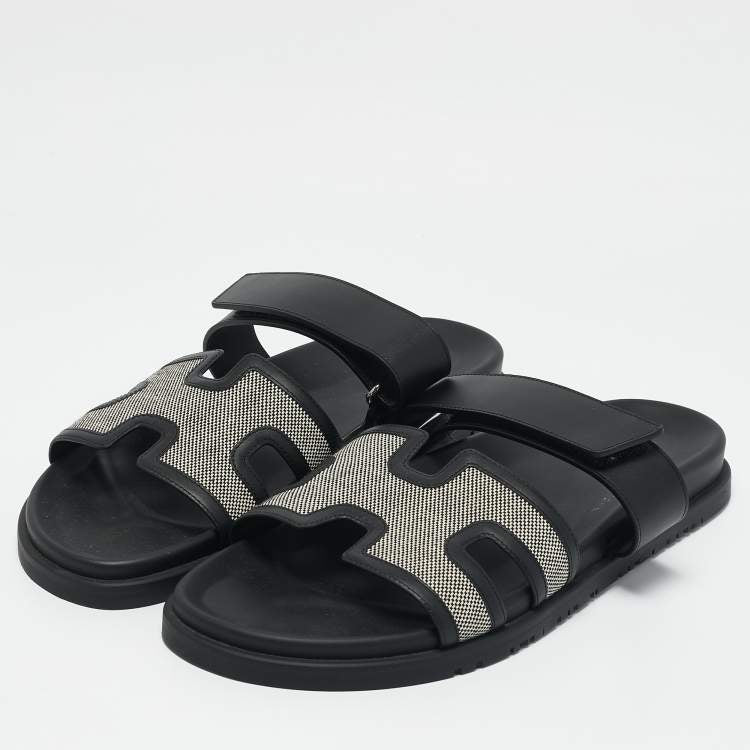Hermes Black/White Leather and Canvas H Maxi Chypre Flat Sandals Size 40