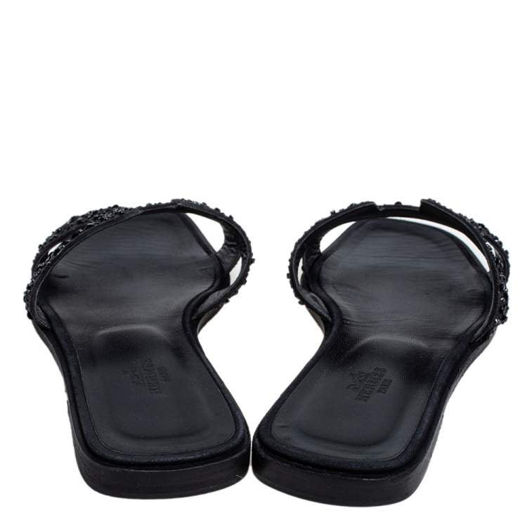Hermes Black Crystal Embellished Suede Oran Sandals Size 39.5