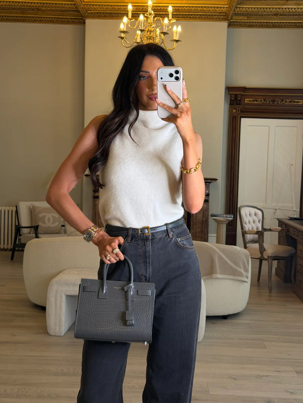 SAINT LAURENT SMALL SAC DE JOUR IN GREY CROC EMBOSSED LEATHER WITH SILVER HARDWARE