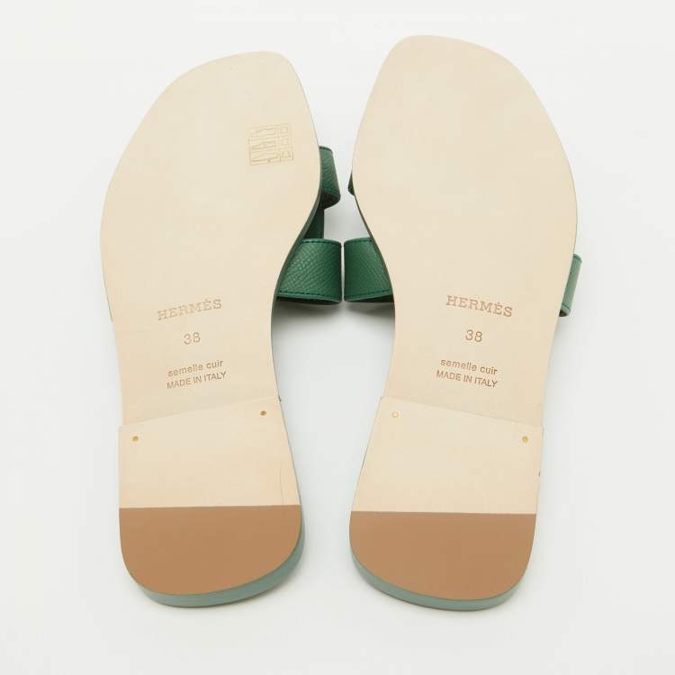 Hermes Green Leather Oran Flat Sandals Size 38