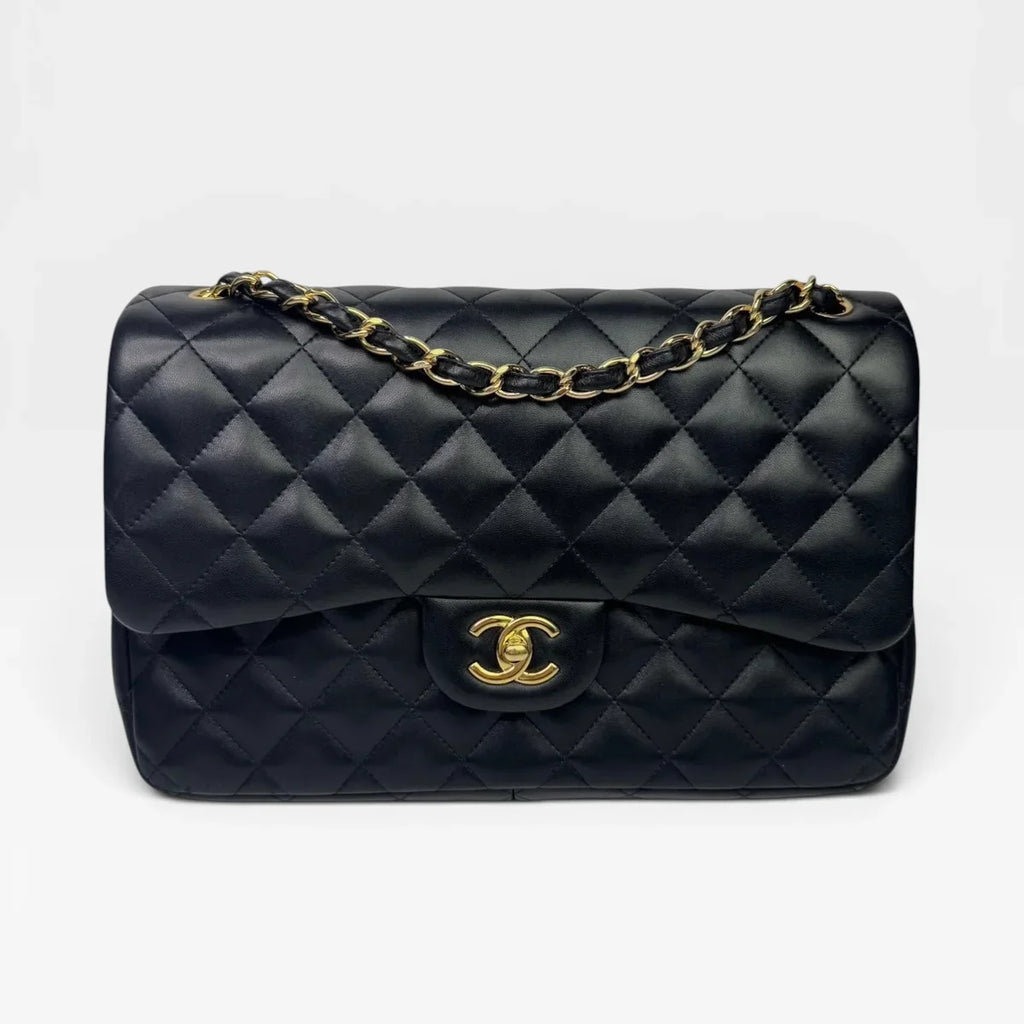 CHANEL BLACK LAMBSKIN LEATHER JUMBO CLASSIC DOUBLE FLAP GOLD HARDWARE