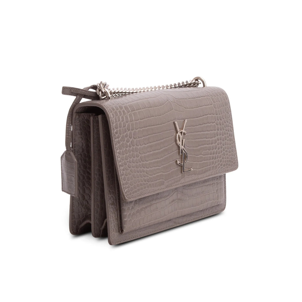Saint Laurent Grey Croc Embossed Calfskin Medium Sunset Bag
