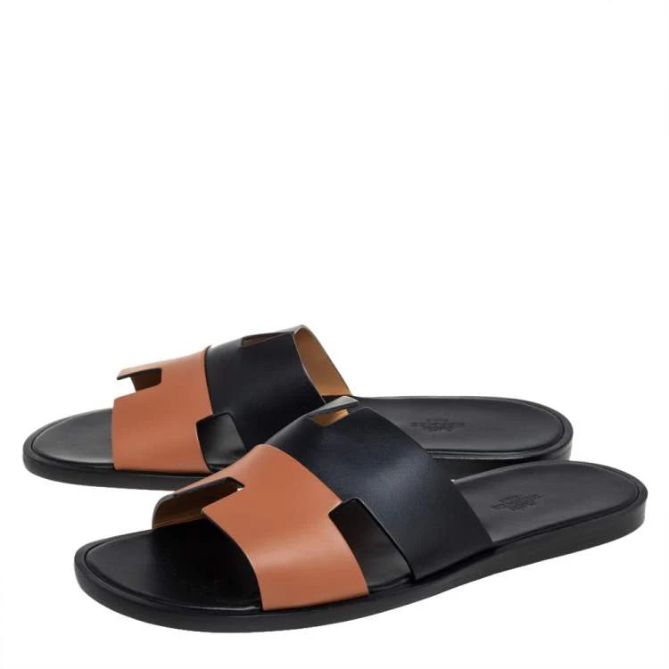 Hermés Black/Brown Leather Izmir Flat Slides Size 44