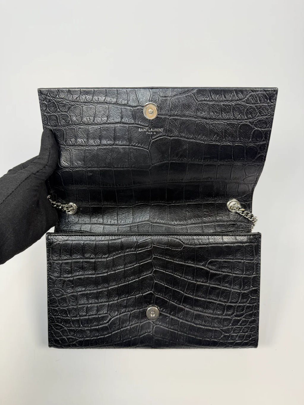 SAINT LAURENT BLACK CROC EMBOSSED KATE TASSEL BAG