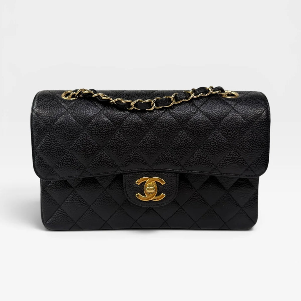 CHANEL SMALL CLASSIC DOUBLE FLAP IN BLACK CAVIAR LEATHER WITH GOLD HARDWARE