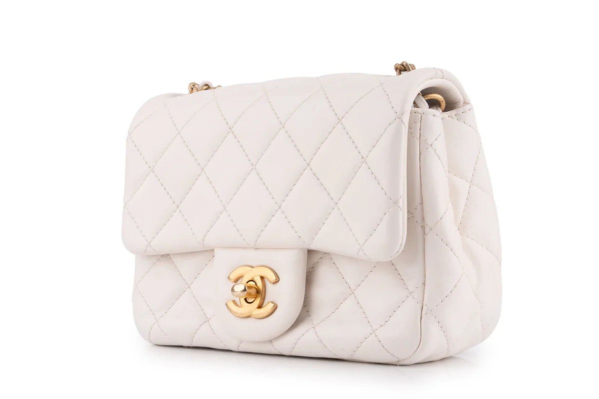 Chanel Quilted Pearl Crush Mini Square Flap Bag Lambskin White GHW