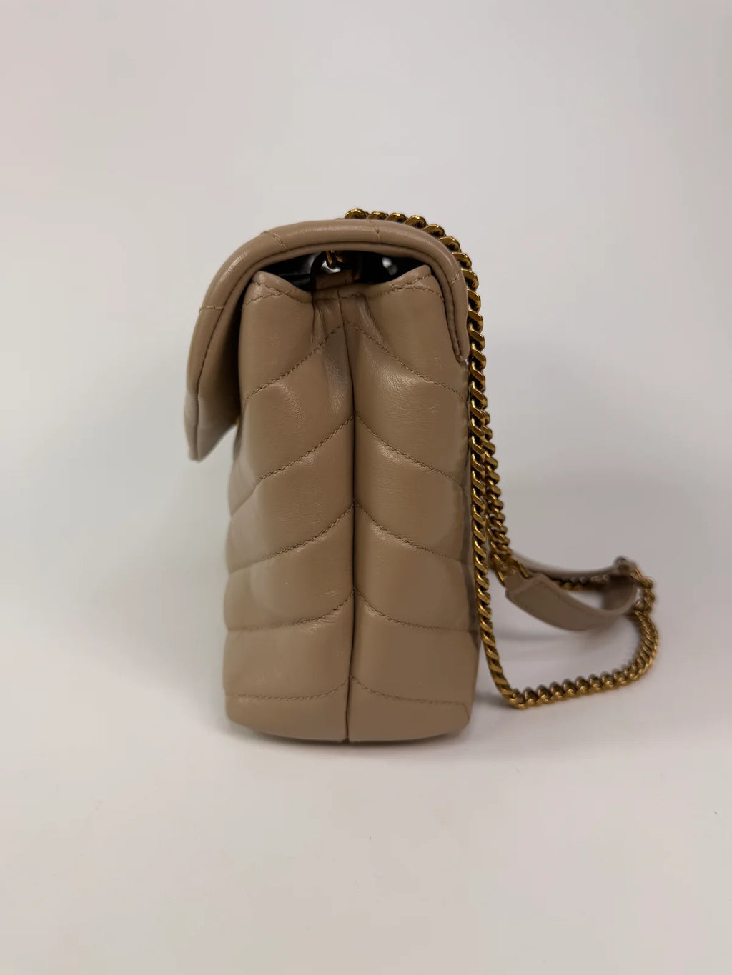 SAINT LAURENT SMALL LOULOU IN DARK BEIGE LEATHER WITH GOLD HARDWARE