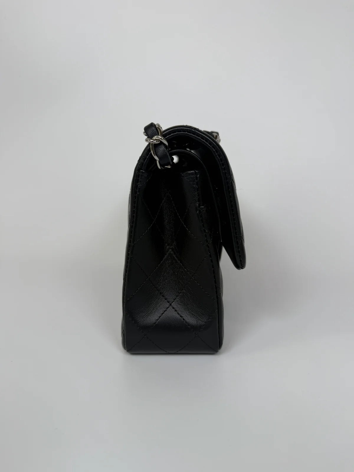 CHANEL SMALL CLASSIC DOUBLE FLAP IN BLACK LAMBSKIN LEATHER WITH SILVER HARDWARE