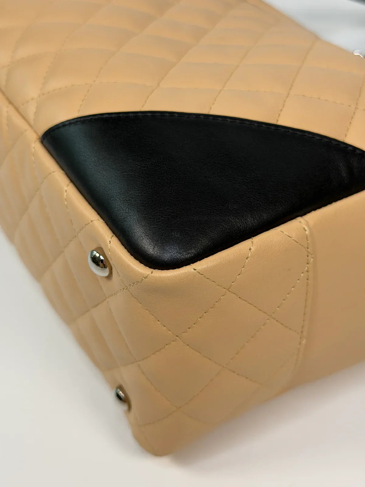 CHANEL CAMBON BOWLING BAG IN BEIGE / BLACK LAMBSKIN LEATHER WITH SILVER HARDWARE