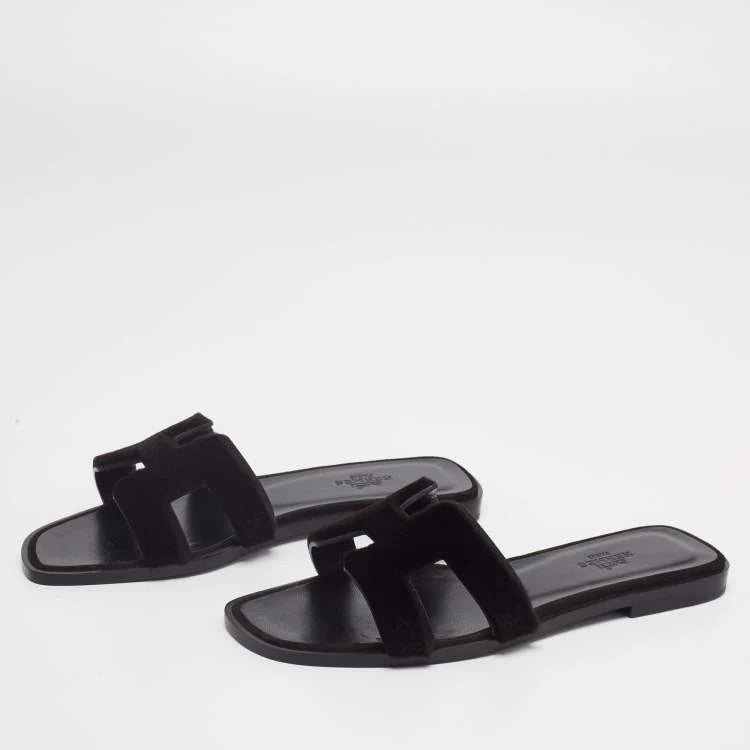 Hermes Black Fur Oran Sandals Size 37