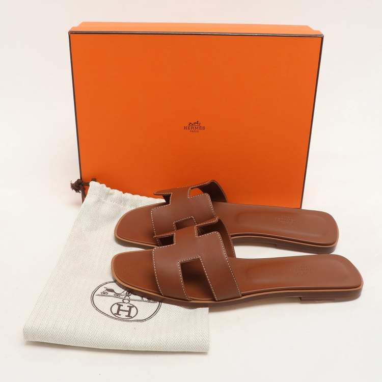 Hermes Gold Leather Oran Flat Sandals Size 40.5