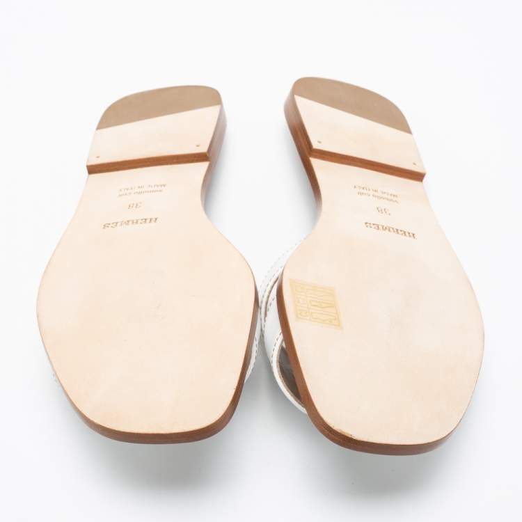 Hermes White Leather Oran Flats Sandals Size 38