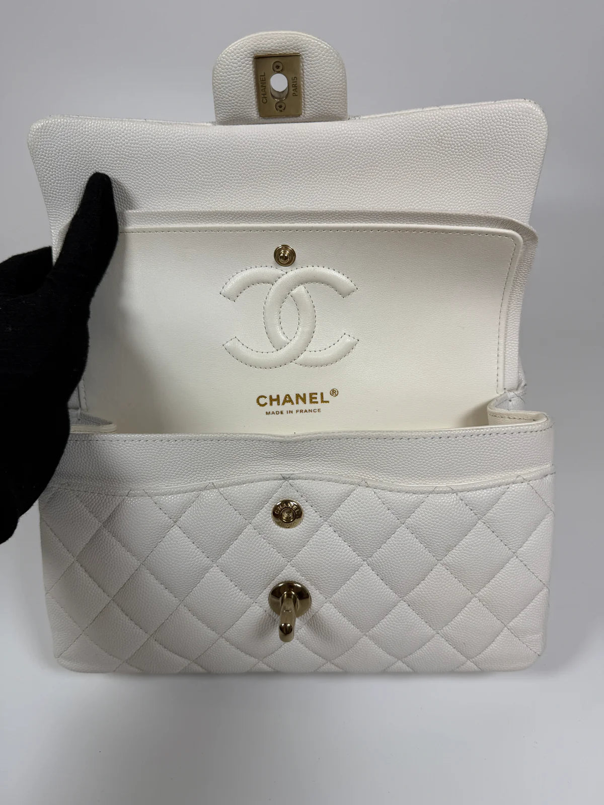 CHANEL SMALL CLASSIC DOUBLE FLAP IN WHITE CAVIAR LEATHER WITH GOLD HARDWARE