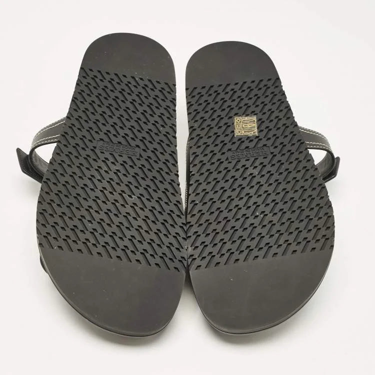Hermes Black Leather Chypre Sandals Size 46
