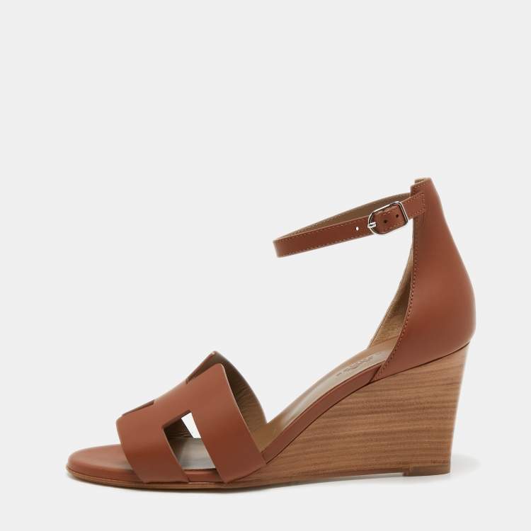Hermes Brown Leather Legend Ankle Strap Sandals Size 38.5