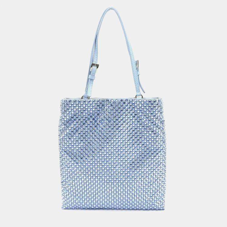 Prada Chain Flat Mini Celeste Blue Satin Crystal Tote Bag