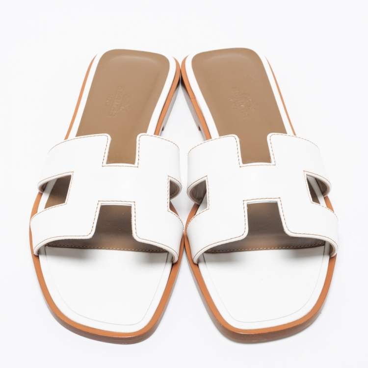 Hermes White Leather Oran Flats Sandals Size 38