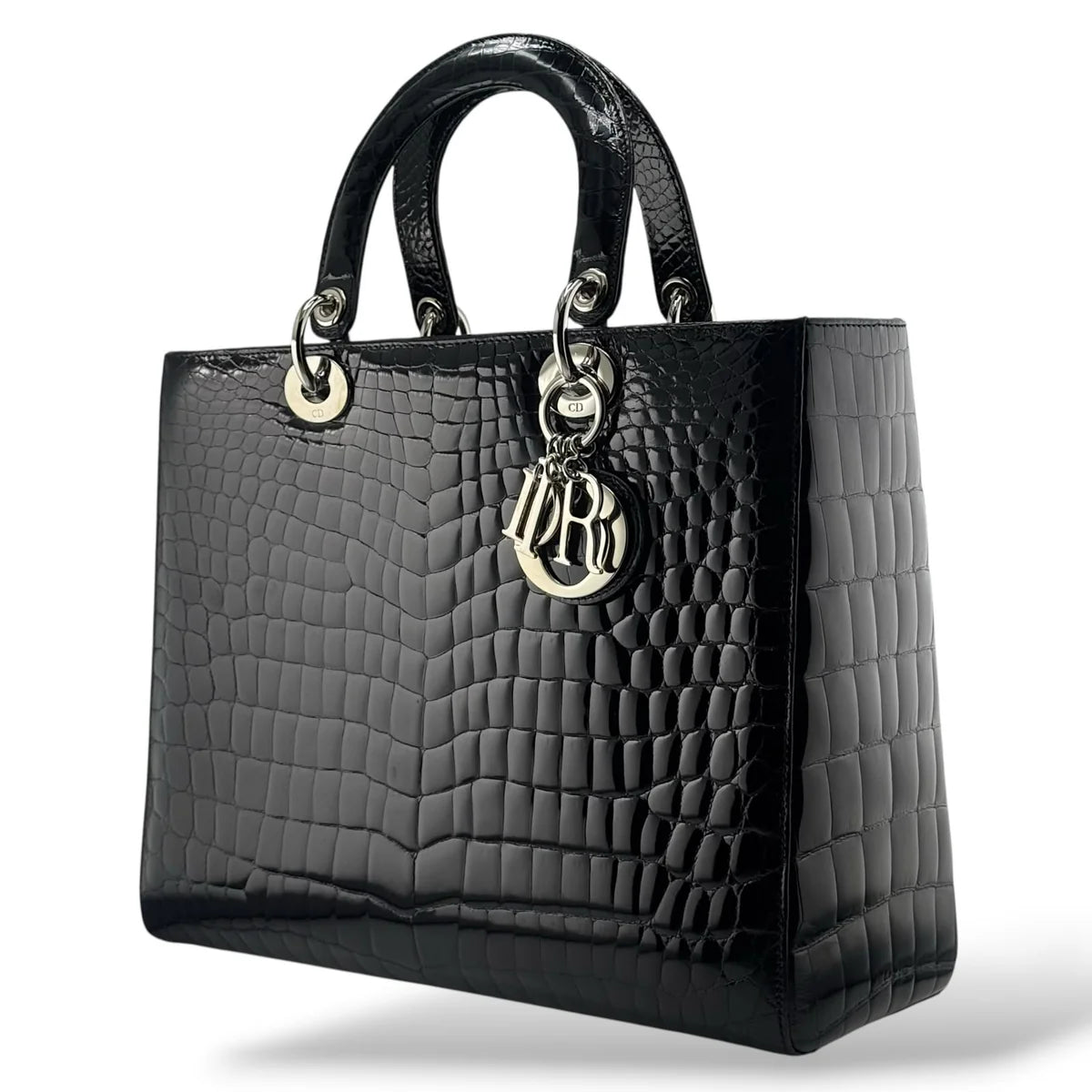 Christian Dior Black Shiny Niloticus Crocodile Large Lady Dior Bag